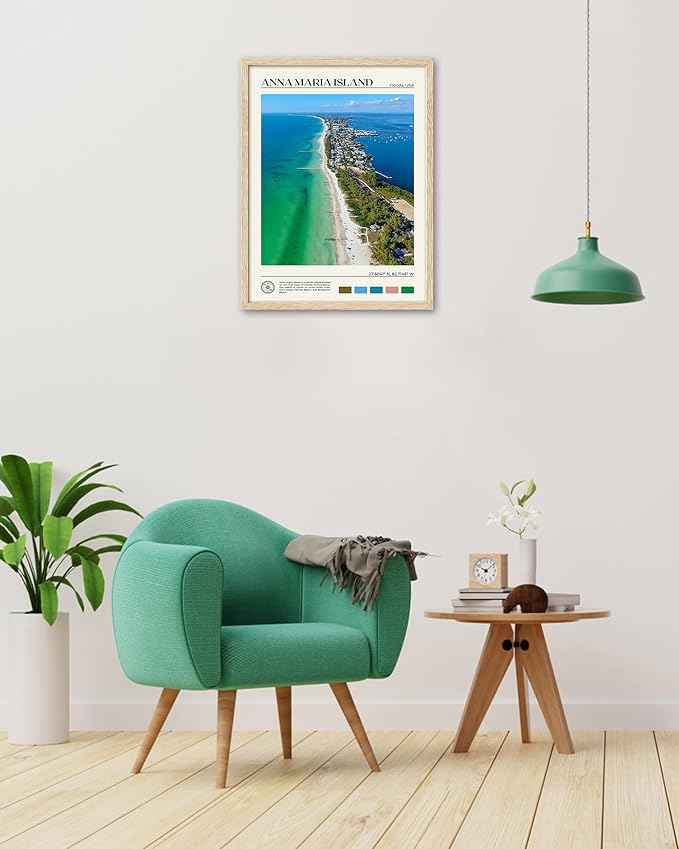 HesenDot Natural OAK Wood Framed Anna Maria Island Wall Art,12x16in Florida Seascape Canvas Wall Print,Classic Urban Landmark Wall Decor for Living Room, Bedroom,Office Gallery Set of 1