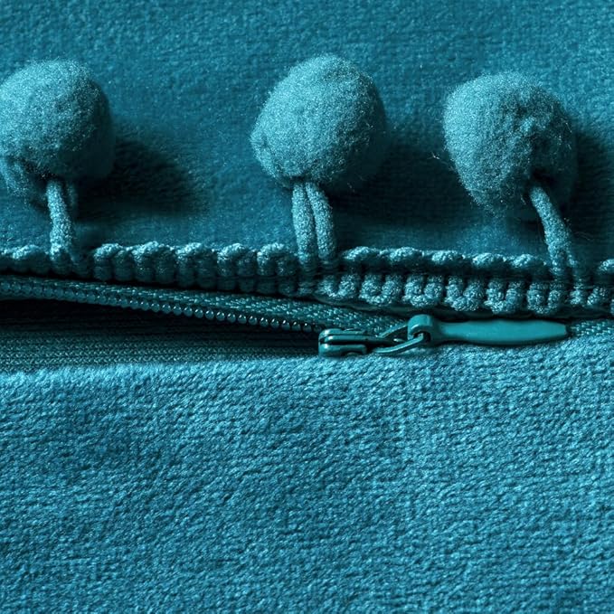 DEZENE Throw Pillow Cases 24x24 Turquoise: 2 Pack Cozy Soft Pom-poms Velvet Square Decorative Pillow Covers for Farmhouse Home Decor