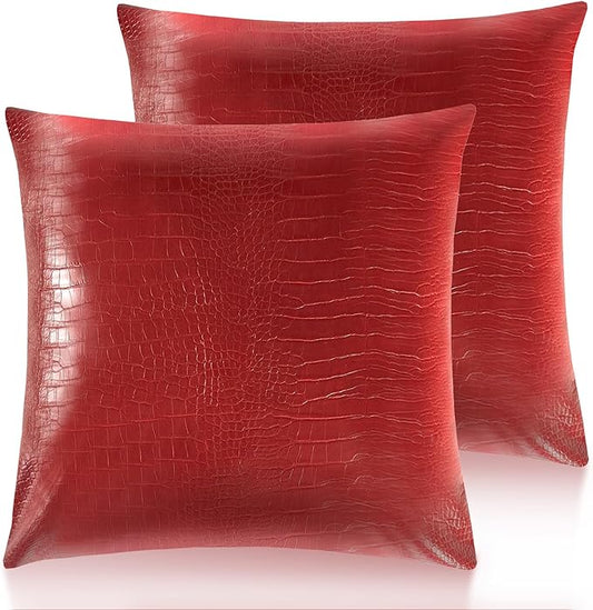 Faux Leather Throw Pillow Cover 16X16 Inch Set of 2 Christmas Red Outdoor Modern Solid Decorative Pillow Covers for Room Couch Living Bedroom Bed Sofa Party