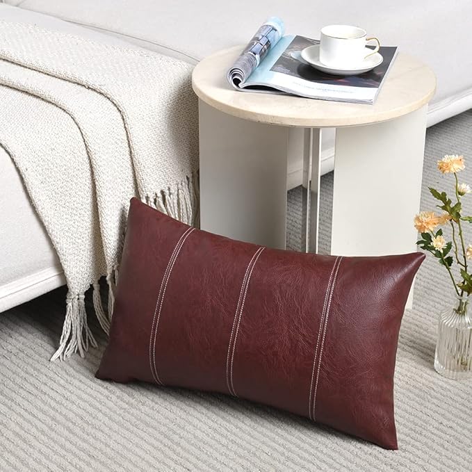 Fancy Homi 2 Packs Burgundy Lumbar Faux Leather Decorative Throw Pillow Covers 12x20 Inch for Outdoor Couch Bed, Modern Farmhouse Boho Home Decor, Wine Red Hand Stitched Cushion Case 30x50 cm