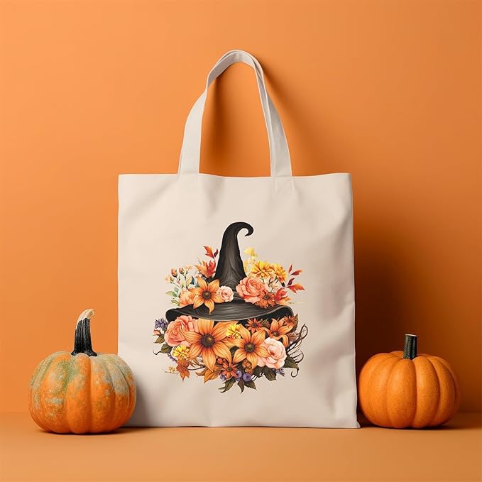 Halloween Tote Bag Retro Halloween Canvas Bag Witch Hat Cotton Canvas Tote Bag for Women Gift Holiday Reusable Grocery Bag Shoulder Bag