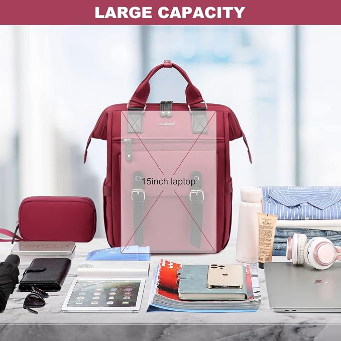 LOVEVOOK Laptop Backpack for Women Work Travel Backpack Teacher Commuter Business Computer Bag Doctor Nurse Bags College Backpack Purse, 15.6 Inch, Wine Red-black