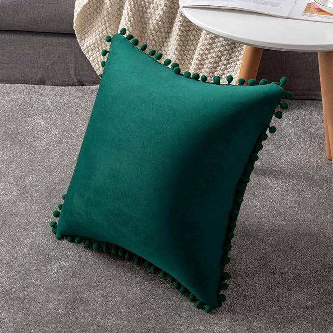 DEZENE Decorative Pillow Covers 24x24 Green: 2 Pack Cozy Soft Pom-poms Velvet Square Throw Pillow Cases for Farmhouse Home Decor
