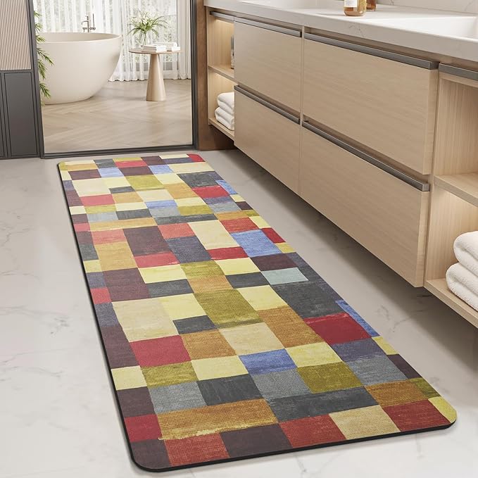 MontVoo -Bath Mat-Non Slip Thin Bathroom Rugs Fit Under Door- Quick Dry Absorbent Faux Suede Surface Grey Bathroom Floor Mats-Shower Rug for in Front of Bathtub Shower Retro Colors Plaid 17x59