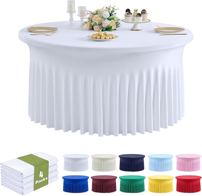 Outpain 4 Pack White Spandex Tablecloth for 72in/6FT Round Tables, Wrinkle Free Tablecloth with Skirt for Wedding, Graduation & Banquet