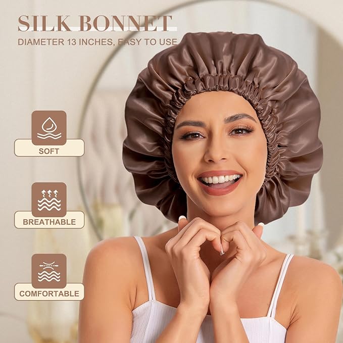 Satin Bonnet Silk Bonnet Hair Bonnet for Sleeping-Slouchy Beanie Hat Satin Sleep Cap for Women's Natural & Curly Hair(Brown)
