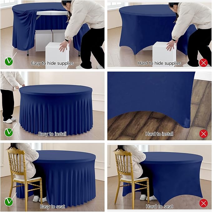 Outpain 8 Pack Navy Blue Spandex Round Tablecloths - Fitted 132in Wrinkle Free Table Covers with Skirt for 72in Table, Wedding Party Dining Banquet