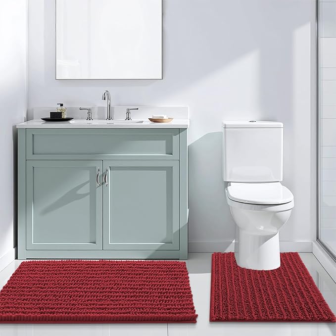 Arotive Luxury Chenille Bathroom Rug Mat, Extra Soft Thick Absorbent Shaggy Bath Rugs, Non-Slip Machine Wash Dry, Plush Bath Mats for Bathroom, Shower and Tub, 70x24, Red