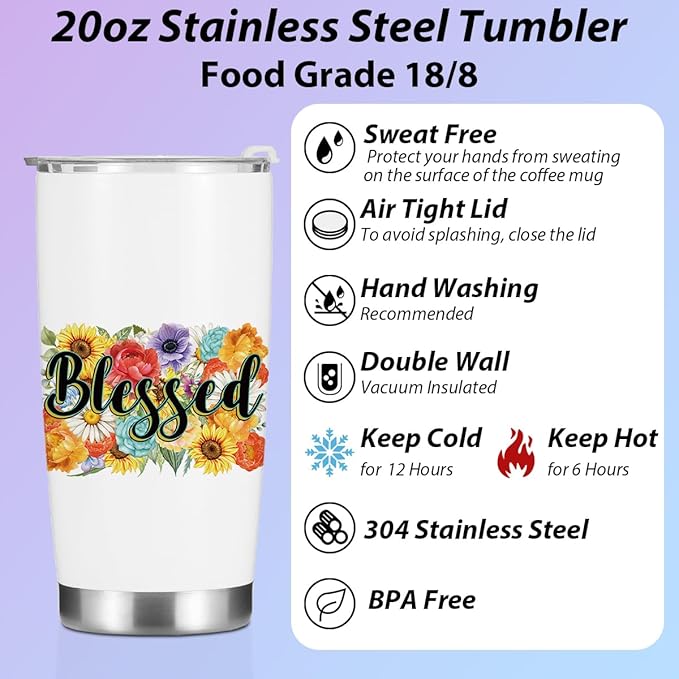 Inspirational Sunflower Tumbler for Women, Friends, Sister - Motivational Blessed Birthday - 20oz Stainless Steel Vacuum Insulated Double Wall Travel Coffee Mug