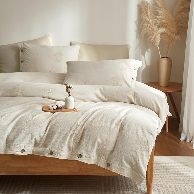 mixinni King Duvet Cover Set - 70% Cotton 30% Linen Blend, Bohemian Floral Jacquard 3-Piece Comforter Cover with 2 Pillowcases, Soft Breathable Lightweight Bedding Set (104"x90"), Almond Milk Grey