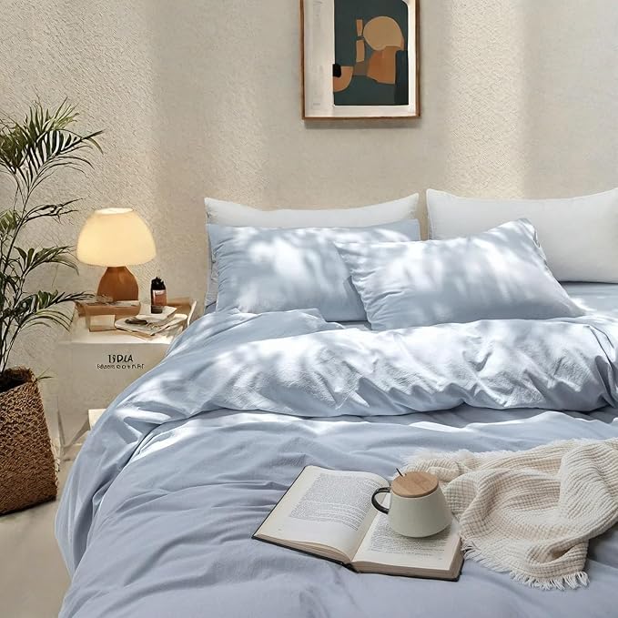 FOSSA Duvet Cover Set 100% Washed Cotton Linen Feel Super Soft Breathable Cozy 3 Pieces Bedding Sets Solid Sky Blue King