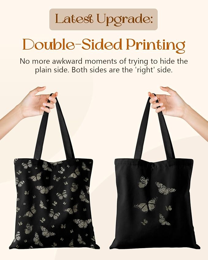Canvas Tote Bag for Women – Aesthetic Canvas Bag with Zipper Cute Stylish Reusable Shoulder Totes for Shopping Work Daily Vacation, Black Butterfly