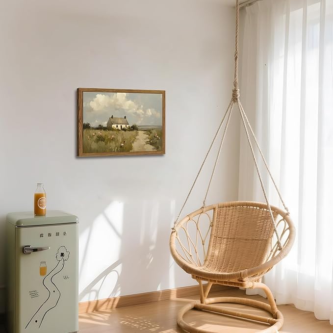 Vintage Farmhouse Wall Art, Country Cottage Wall Decor Paintings, Framed 3D Textured Hand Drawn Sandstone Natural Countryside Landscape Artwork for Bedroom Living Room 16x24 inch Wood Frame