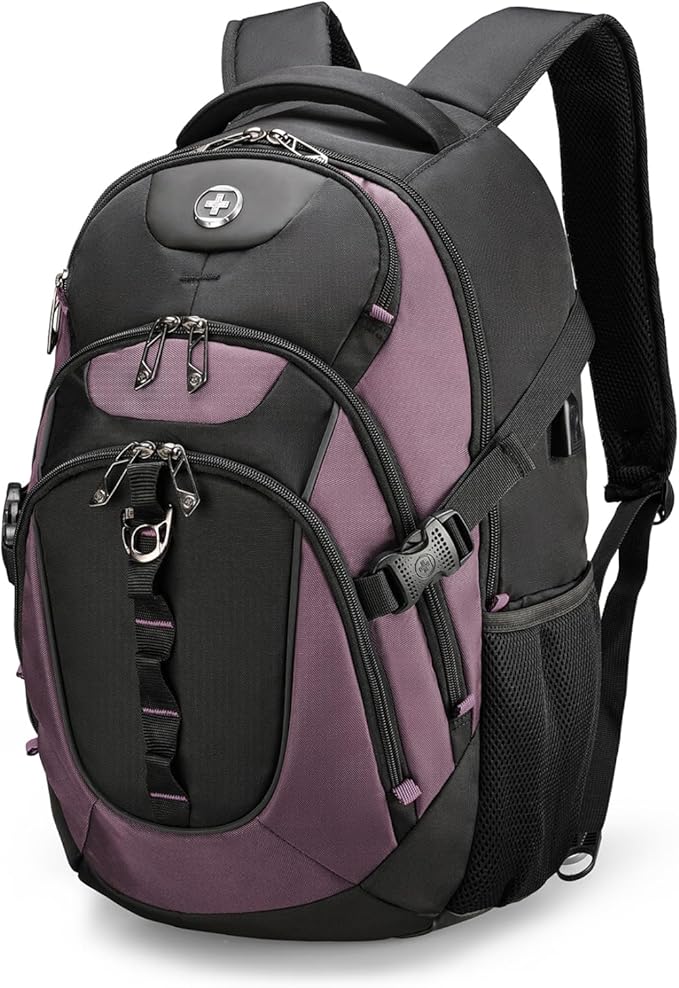 Swissdigital Design Laptop Backpack with USB Charging Port, Travel Backpack Fits 15.6 inches Computer, 31L College School Backpack for Women, Light Purple/Black | SD803