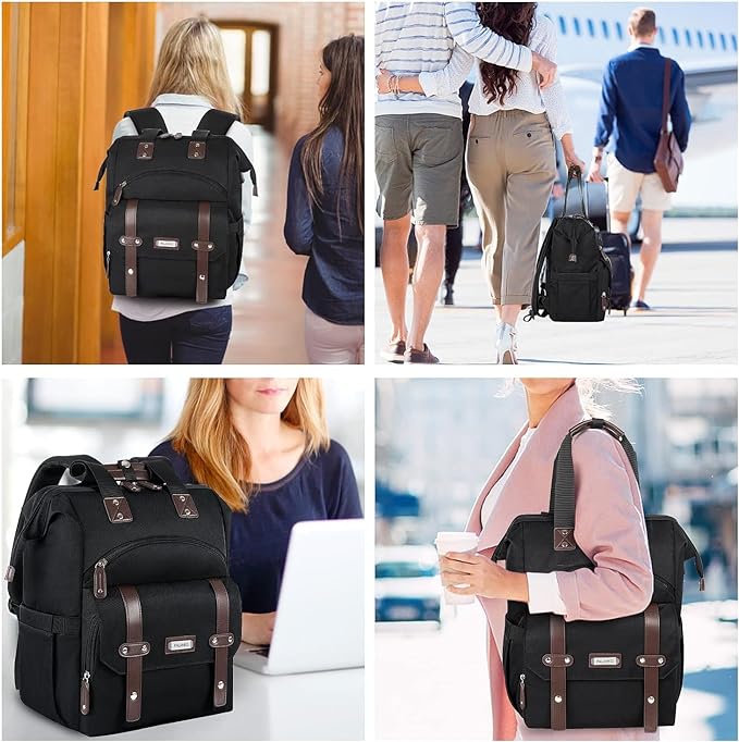 Laptop Backpack For Women, Work Doctor Teacher Nurse Wide Open College 15.6 Inch Laptops Backpack Purse with USB Charging Port, Travel Water Resistant RFID Computer Bag for Men Women Black