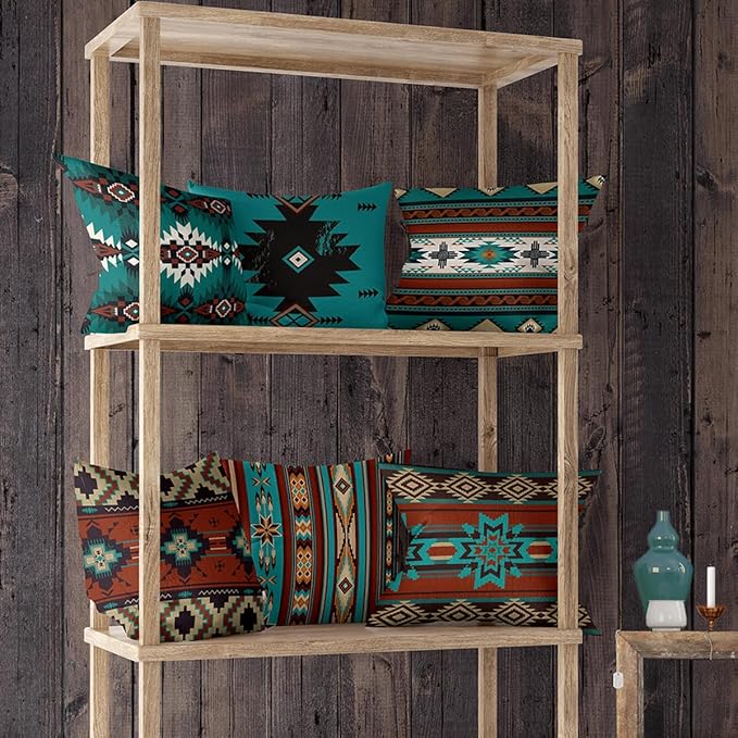 Western Throw Pillow Covers Set of 6, Southwest Aztec Mexican Turquoise Home Decor Ethnic Tribal Navajo Outdoor Couch Decorative Cushion Case 18"X18"