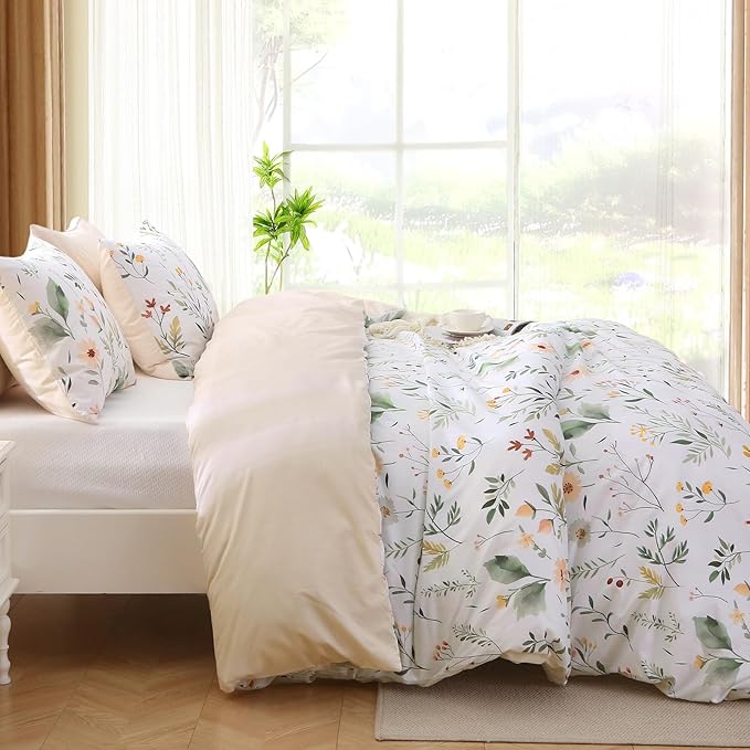 Duvet Cover King Size, Reversible Floral Vintage Duvet Cover Set with Zipper Closure, 3 Pieces Botanical Patterns Soft Microfiber Bedding Set (90"x104", 2 Pillow Cases 20"×36", Garden Leaves White)