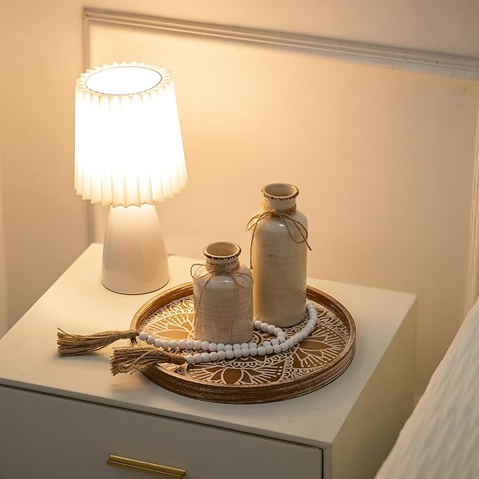 Hanobe Round Decorative Tray for Centerpiece: 2Pcs Vintage Coffee Table Trays with Boho Bead Garlandfor Home Decor - Farmhouse Wood Serving Platter Circle for Kitchen Counter Women