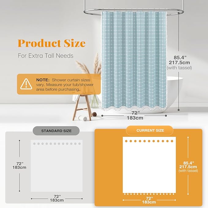 BTTN Extra Long Shower Curtain - 72x84 Inch Long Boho Chic Tassel Linen Fabric Shower Curtain Set with Hooks, Tall Modern Farmhouse Elegant Heavy Duty Cloth Shower Curtains for Bathroom - Fog Blue