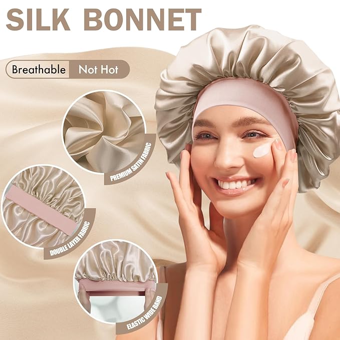 Satin Silk Bonnet for Sleeping, Double Layer Silk Sleep Cap for Men & Women, Soft Satin Lined Bonnet for Natural & Curly Hair(Champagne Pink)
