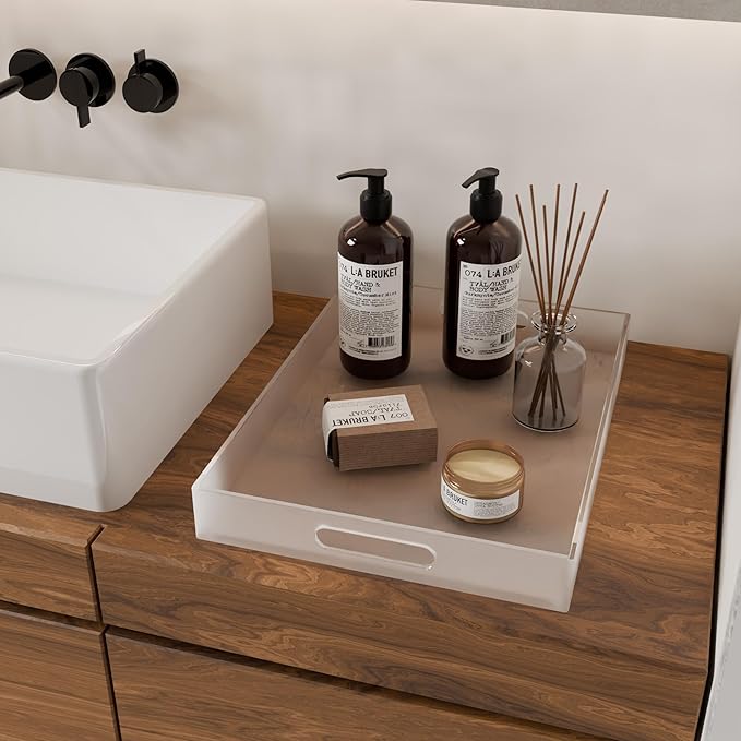 16"x12" Large Acrylic Serving Tray Decorative Ottoman Coffee Table Vanity Tray Tea Fruit Platter Snack Appetizer Dessert Drink with Handles for Bar Kitchen Party, Frosted