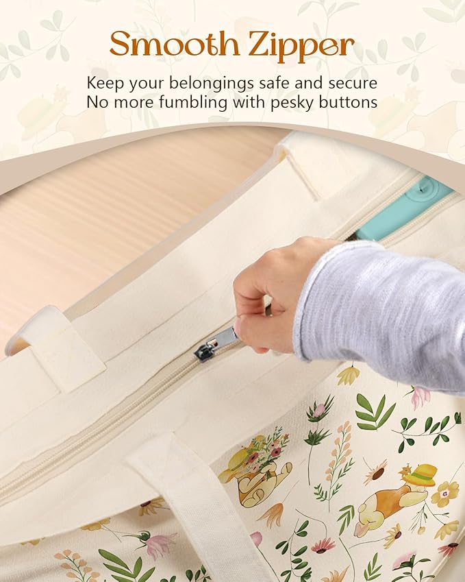 Canvas Tote Bag for Women – Aesthetic Canvas Bag with Zipper Cute Stylish Reusable Shoulder Totes for Shopping Work Daily Vacation, Floral Weini