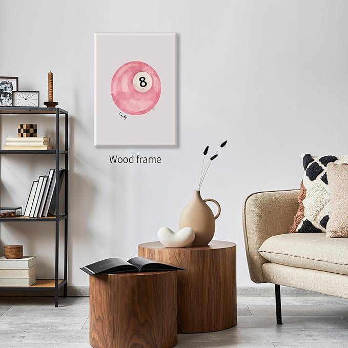 Pink 8 Ball Wall Art Vintage Trendy Preppy Pool Ball Posters Minimalist Retro Light Pink Canvas Prints 24x36 inch Framed Lucky Number Painting for Girly Bedroom Dorm Wall Decor