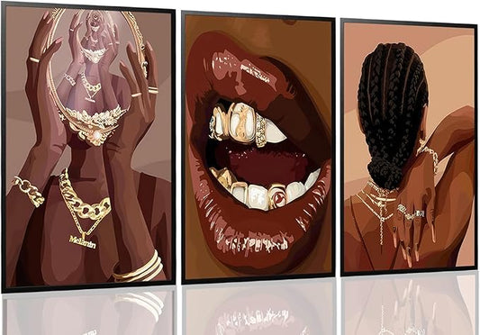 ANVOTIG Black Girl Posters Wall Art Set of 3 Black Woman African American Women Wall Decor Pictures Boho Fashion for Home Bedroom Living Room 12x16 Inch Unframed