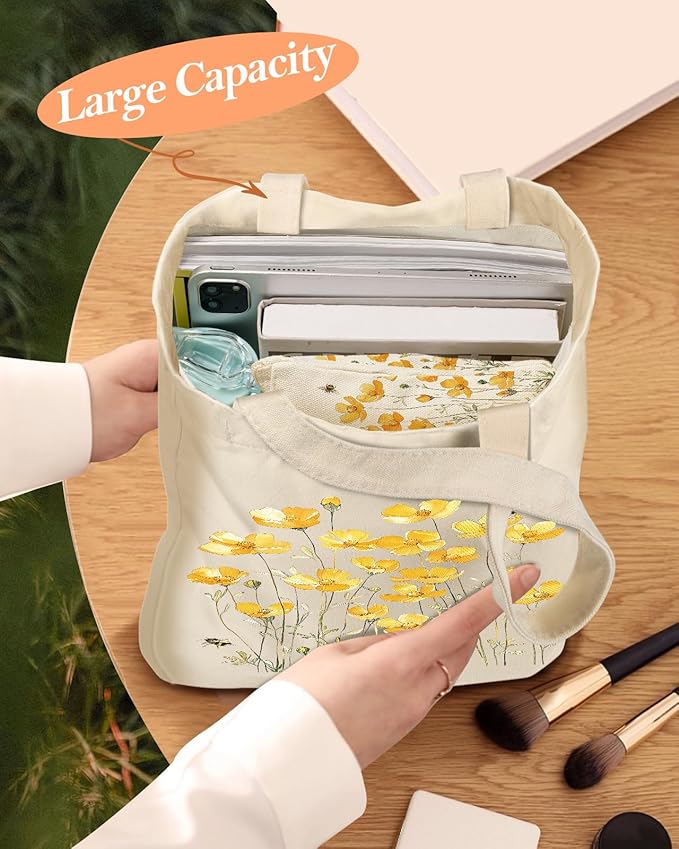 Aesthetic 2 Pack Canvas Tote Bag - with Makeup Zipper Pouch for Women Bag for Shopping, Gym, Travel, Vacation