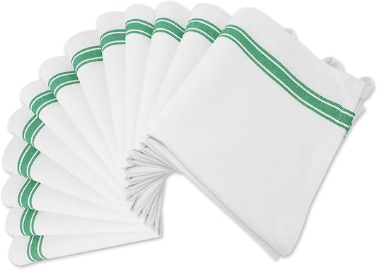Aunti Em's Kitchen Dish Towels Set (13 Pack) Natural Cotton Fabric for Embroidery - Zero-Lint Cloth for Drying Glasses, Plates, Hand - 25.5 x 15.5 Inch (13-Pack Green Stripes)