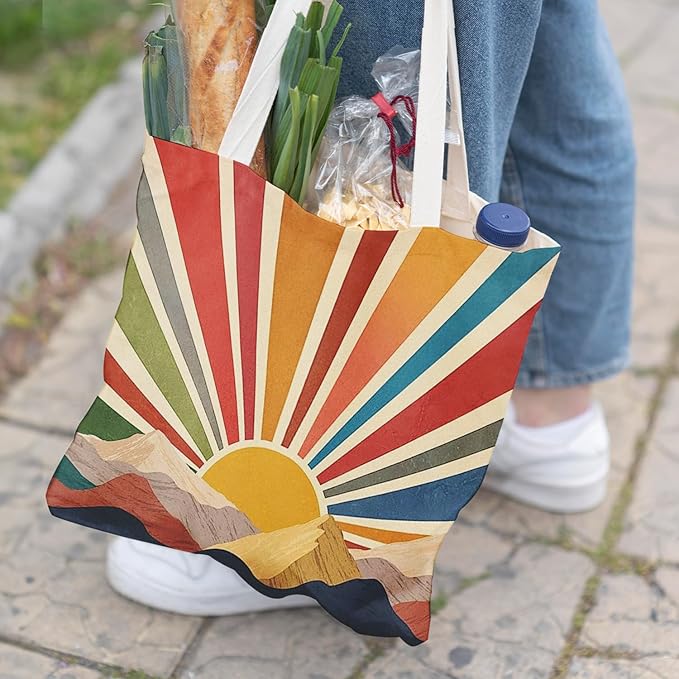 Boho Tote Bag Aesthetic, Minimalist Abstract Boho Terracotta Sun Sunshine Canvas Tote Bag for Women