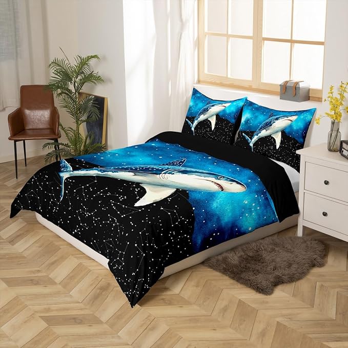 Shark Comforter Cover Galaxy Constellation Duvet Cover Set Full Size,Mysterious Outer Space Bedding Set for Boys Girls Bedroom Decoration,Modern Fashion Starry Sky Theme Quilt Cover