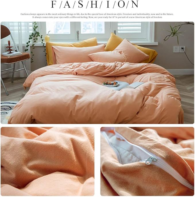 AMWAN Peach Pink Color Queen Orange 100% Knitted Cotton Comforter Cover Solid Color Duvet Cover Hotel Quality Luxury Bedding Set 1 Duvet Cover with 2 Pillowcases