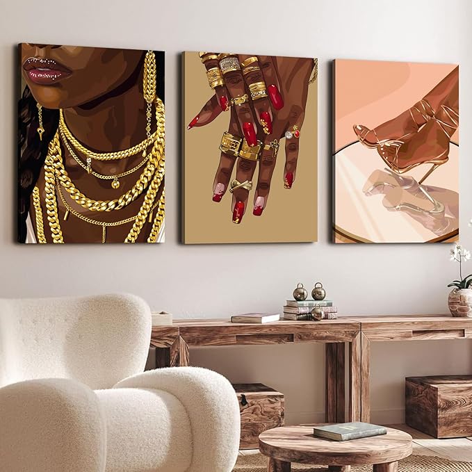 YFvrPt Black Woman Wall Art African American Women Wall Decor Set of 3 Trendy Abstract Black Girl Canvas Poster Prints Aesthetic Pictures for Bedroom Living Room Framed 16x24 inch