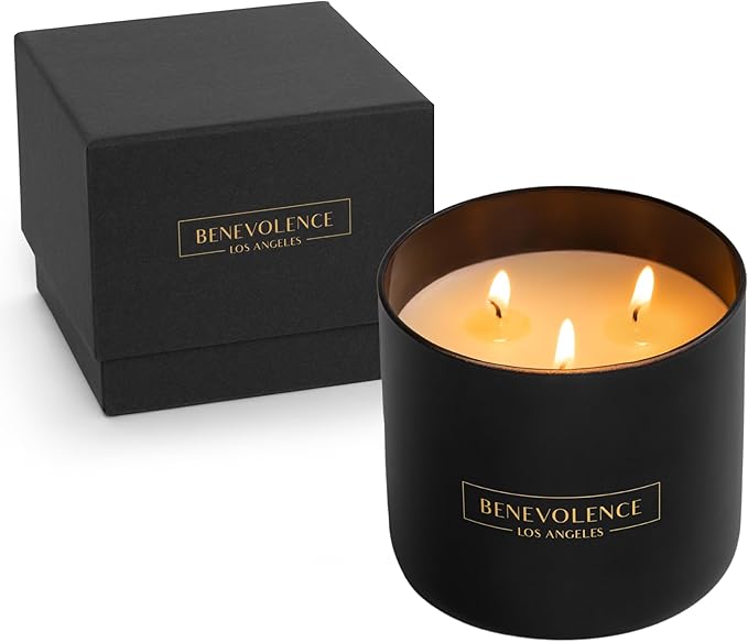 Benevolence LA 3 Wick Candle, Rose & Sandalwood Large Scented Candle | Soy Candles | Gifts for Women and Men | Home Fragrance | Aromatherapy | Bathroom Freshener 14.5 Oz, 45 Hour Burn