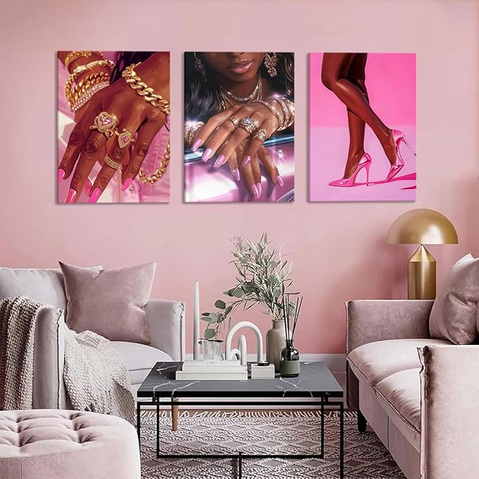 Pink Fashion Black Girl Canvas Wall Art Set of 3 African American Black Woman Posters Wall Decor Fashion Black Woman Pictures Prints for Living Room Bedroom Artwork Home Decoration 12x16Inch Framed