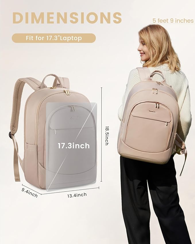 LOVEVOOK Laptop Backpack for Women, Carry On Computer Backpack, 17.3 Inch Work Backpack Purse, Business Bag with Laptop Compartment for Nurse, Teacher, Nude
