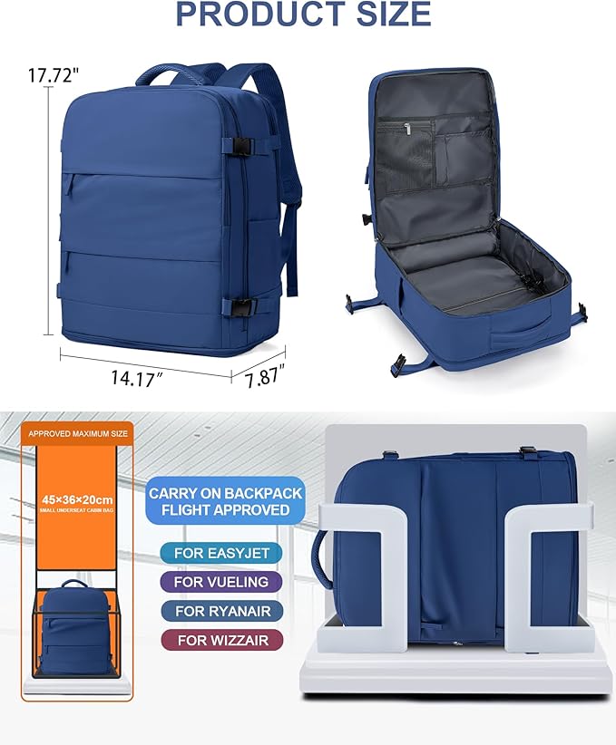 coowoz Travel Backpack for Women Man Carry On Backpack Mochila de Viaje Waterproof Teacher Personal Item Backpacks Travel Bag Essentials Rucksack Airplane Accessories Must Haves Royal Blue