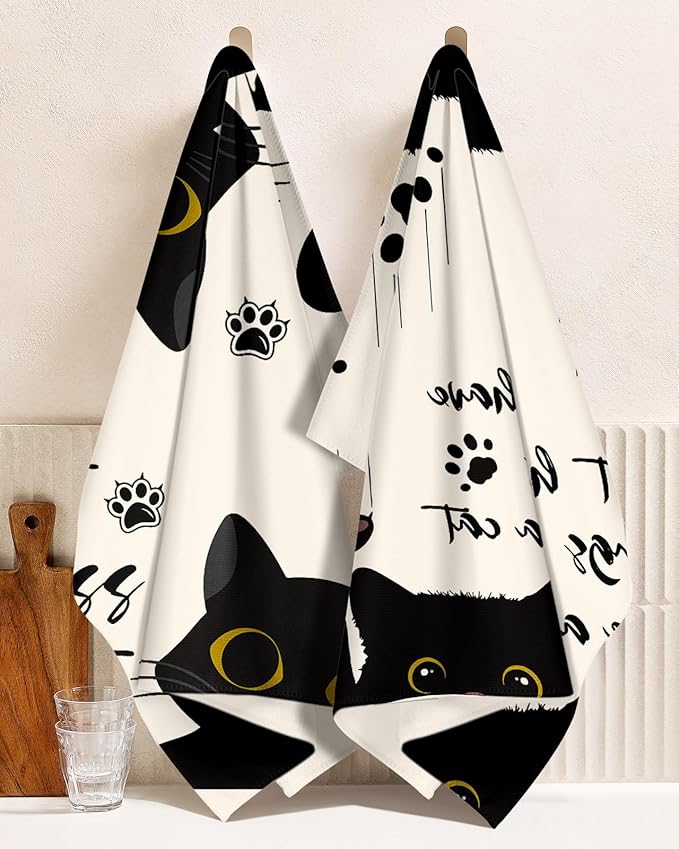 Microfiber Kitchen Towels - Set of 2 Dish Towels for Kitchen 18 x 26 Inch Home Decoration Black Cat Cute Spring Hand Towels Soft & Absorbent Aesthetic Design