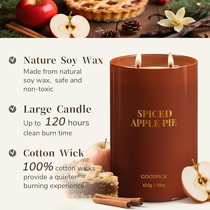 Goodpick Candle Spiced Apple Pie, Fall Candles for Home Scented, 22oz Soy Wax, Warm Cinnamon 120hrs, Cozy Baking Gift