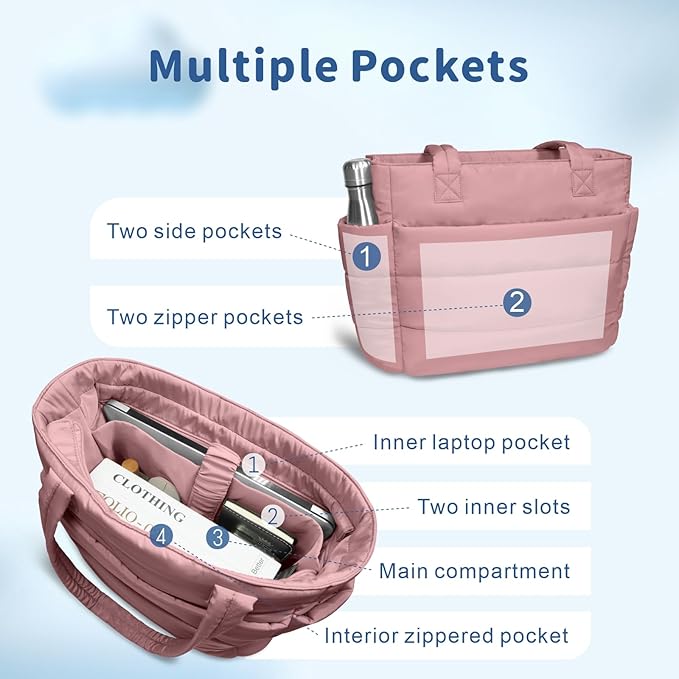 TOPDesign Puffer Tote Bag for Women, Lightweight Puffy Handbag with Compartments, Quilted Shoulder Bag for Work, Travel, Gym