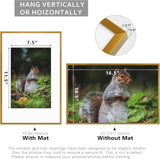 Golden State Art 11x17 Picture Frame 3 Pack - Aluminum Frames with 8x12 Removable Mats & Real Glass, Display 11x17 Posters or 8x12 Photos - Bronze Gallery Wall Frames for Home Office Decor