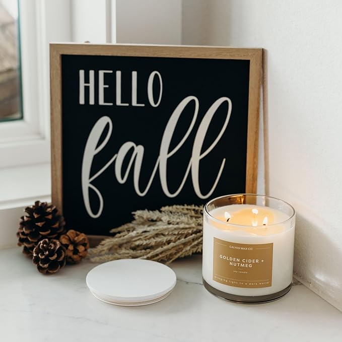 Calyan Wax Co. 3 Wick Candle, Golden Cider + Nutmeg Scented Candle, 43 Hour Burn Time, 3 Wick Soy Candles, Non Toxic & Vegan Soy Wax, Glass Jar Holiday Scented Candles, 14.9oz