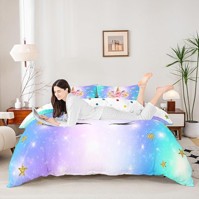 Castle Fairy Unicorn Comforter Cover Full Size, Cute Rainbow Watercolor Print Bedding Set Kids Girls Girly Animal Themed Sweet Duvet Cover with 2 Pillowcases, Soft Fashion Microfiber