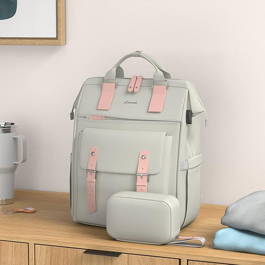 LOVEVOOK Laptop Backpack for Women School Work Travel Backpack Purse, College Bookbag Nursing Backpack Business Computer Bag Doctor Nurse Bags, 15.6 Inch, Light Grey-pink
