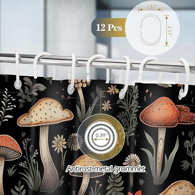 Aimego Mushroom Boho Shower Curtains - Vintage Floral Plants Retro Flowers Bohemian Fairy Nature Botanical Bath Shower Curtain Set with 12 Hooks for Adults Bathroom Decor Accessories, 72"x72" Black