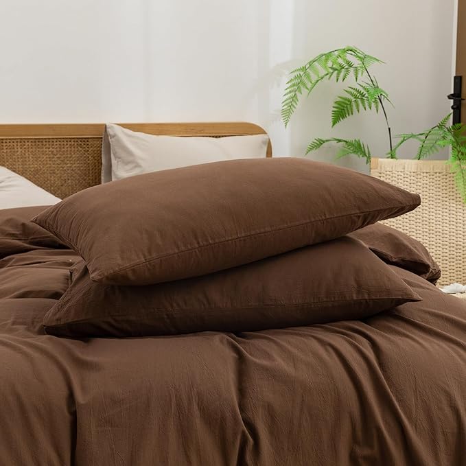 BESTOUCH Duvet Cover Set 100% Washed Cotton Linen Feel Super Soft Comfortable Chic Lightweight 3 PCs Home Bedding Set Solid Cocoa Brown Super King