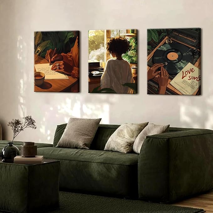 Black Woman Wall Art Set of 3 Fashion Black Girl Wall Decor, Trendy African American Women Music Poster Song Lover Canvas Prints Artwork for Bedroom Living Room 16x24 inch Framed