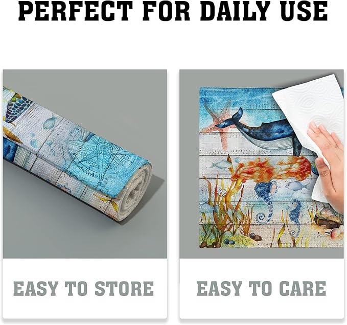 Giwawa Sea Life Placemats Set of 4- Sea Turtle Seahorse Whale Ocean Animal Place Mats- Vintage Compass Wood Board Heat Resistant Linen Table Mats 12"x18" for Dining Kitchen Summer Decoration