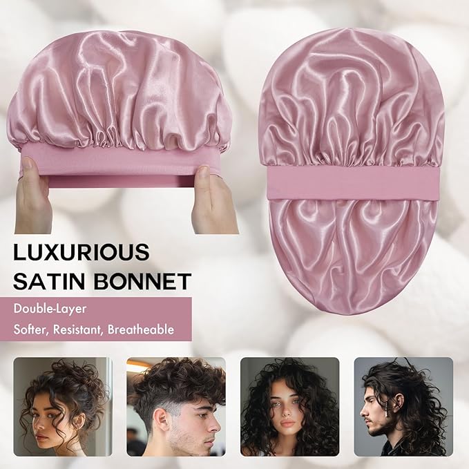 Satin Silk Bonnet for Sleeping, Double Layer Silk Sleep Cap for Men & Women, Soft Satin Lined Bonnet for Natural & Curly Hair(BeanPaste Pink)